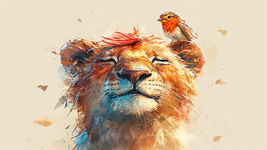 落在狮子头顶上一只可爱的卡通小鸟图片