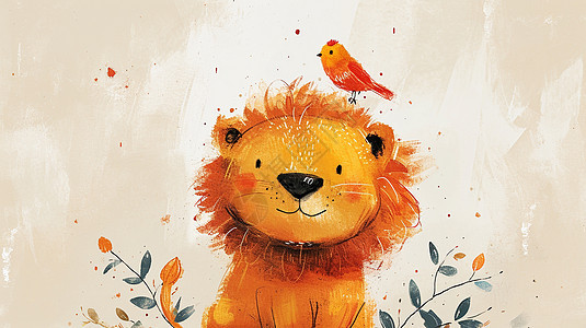 微笑红脸蛋可爱的卡通小狮子头上落着一只小鸟图片