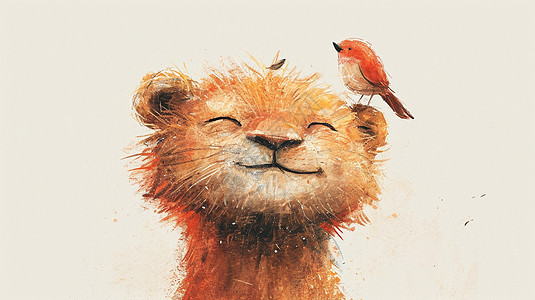 面带微笑可爱的卡通小狮子头上落着一只鸟图片