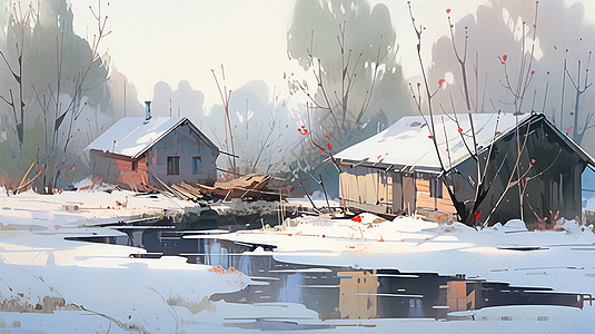 冬天雪后小村庄旁一条小小的河唯美卡通风景背景图片