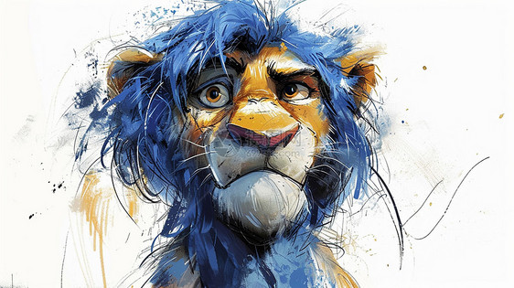 沧桑蓝色毛发卡通小狮子插画图片
