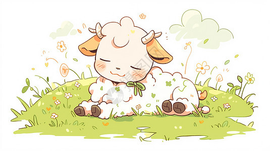 在草地上休息的可爱卡通小牛儿童插画图片