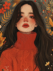 在花丛中穿着砖红色毛衣的复古卡通长发女孩图片