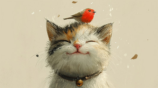 脖子上系着铃铛的可爱卡通小猫头顶上一只小小卡通他鸟图片
