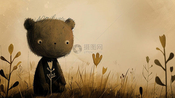 复古风可爱的卡通小熊在花丛中图片