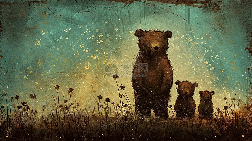 站在枯黄的草地上三只卡通小熊图片