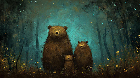 夜晚在森林中欣赏风景的三只可爱的卡通小熊图片