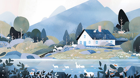 小河旁的山坡上一座卡通小房子很多小白鹿在草丛中吃草扁平风唯美的卡通插画图片
