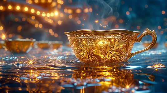 金黄色华丽的雕花茶杯冒着热气图片