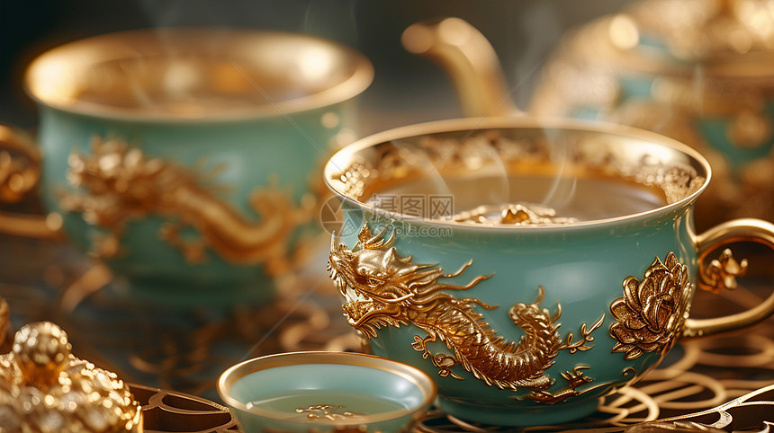 立体金黄色龙雕花茶杯热热的茶图片
