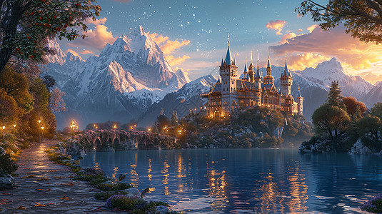 傍晚湖边一座美丽梦幻的卡通城堡背景图片