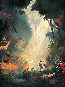 茂密的森林深处几只小鸟与一缕阳光唯美卡通风景高清图片
