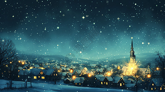 大雪的夜晚梦幻漂亮得的卡通小村庄亮着灯唯美卡通风景画图片