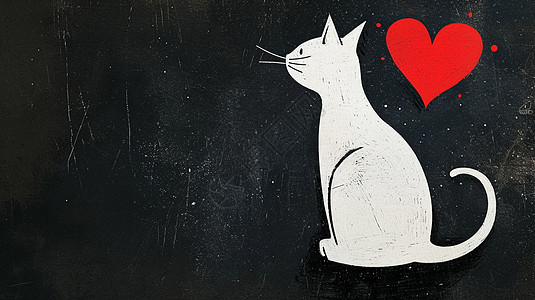 深色背景一只可爱的卡通白色猫与红色爱心图片