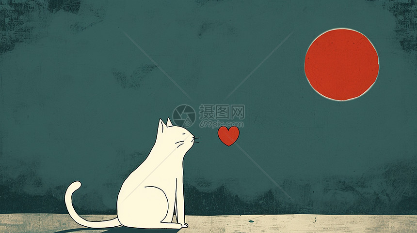 一只简约卡通小白猫看着飞起来的红色爱心简约插画图片