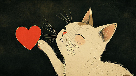 触碰红色爱心的可爱卡通小猫简约插画图片