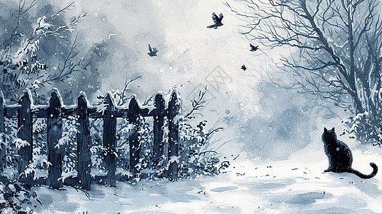 雪地中一只卡通小黑猫看着远处高高飞起的小鸟图片