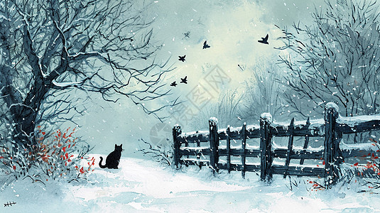 冬天雪地里在篱笆旁小路上的一只小黑猫图片