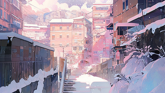 大雪中美丽的粉色调卡通小镇图片
