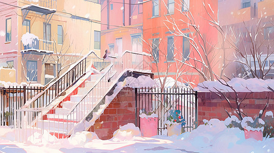 冬天雪后楼梯口落满了积雪卡通风景图片