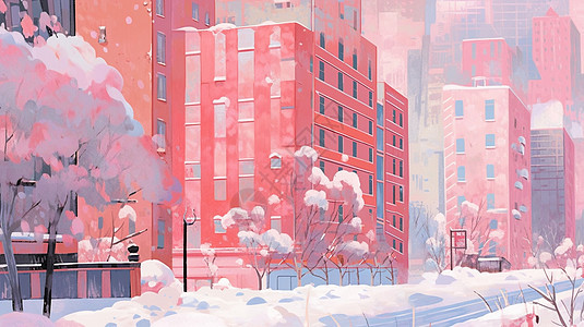粉色调清新漂亮的卡通楼房雪后景色图片