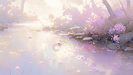 梦幻唯美的小河旁的石头上盛开着好多紫色小花图片