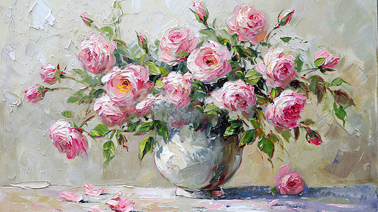 油画风美丽的花瓶中插着很多粉色小花图片