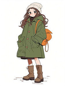 穿着绿色大衣背着橙色包包的时尚卡通女孩图片
