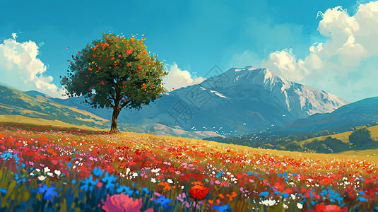 春天唯美小山坡上开满鲜花远处蓝天白云下高高的雪山唯美卡通风景画图片