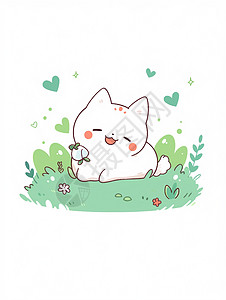 趴在草地上开心笑的可爱卡通小猫插画