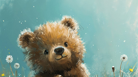 呆萌可爱的卡通小棕熊在蒲公英花丛中图片