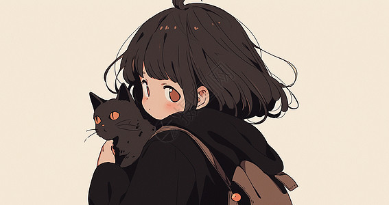 短发可爱的卡通小女孩抱着黑猫图片