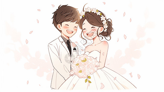 结婚开心笑的卡通新郎新娘图片