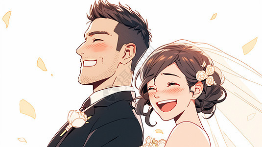 正在结婚开心笑的卡通新郎新娘图片