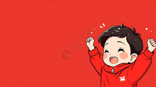 穿着红色衣服举起双手开心笑的卡通小男孩图片
