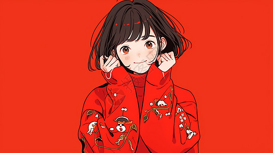 新年穿着喜庆的红色衣服双手捧着脸的可爱卡通女孩图片