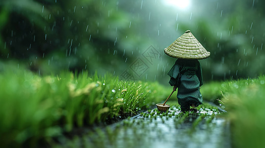 云和梯田春天雨中走在路上戴着草帽的卡通人物背影插画