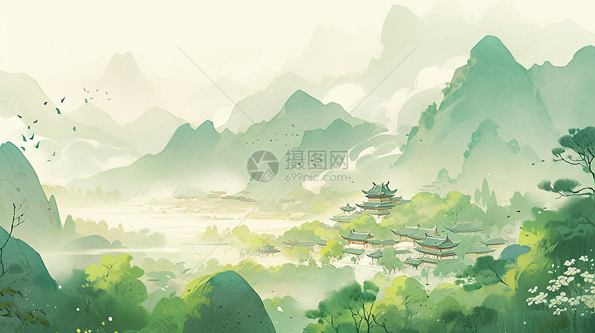 唯美梦幻春天古风山水画卡通风景图片