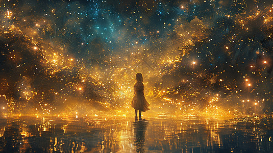 卡通女孩背影看满天梦幻的星空背景图片