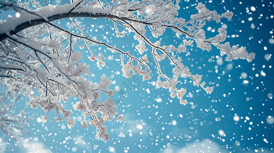 大雪中挂满雪的卡通树枝唯美风景画图片