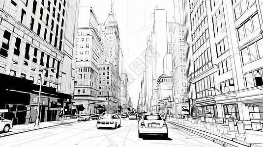黑白复古风城市街道插画图片