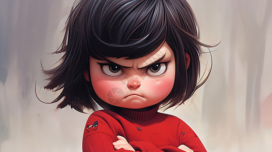 穿着红色毛衣生气的可爱卡通小女孩图片