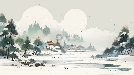 冬天大雪湖边唯美的古风建筑雪景图片