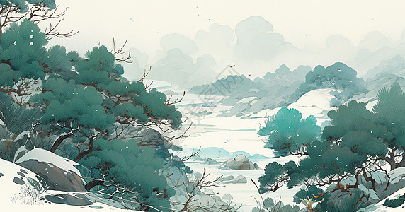 冬天雪中山上一片翠绿色的古松林唯美卡通风景图片
