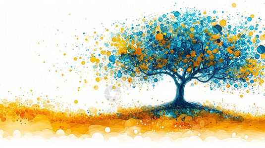 梦幻抽象的黄色土地上生长出一棵蓝色的树图片
