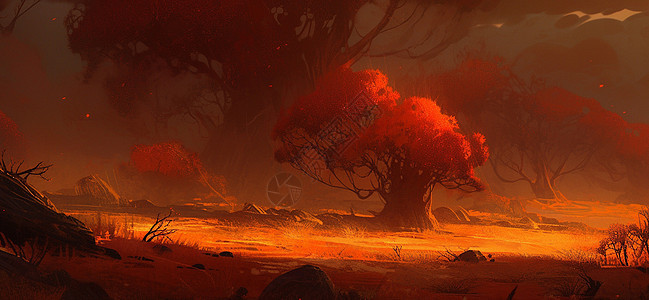 傍晚一棵火红色的大树在山坡上图片