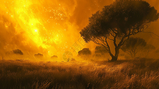 梦幻的金黄色的天空厚厚的草地上一棵大树背景图片