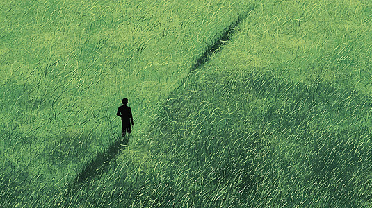 简约卡通人物剪影走在一大片嫩绿色草地上背景图片
