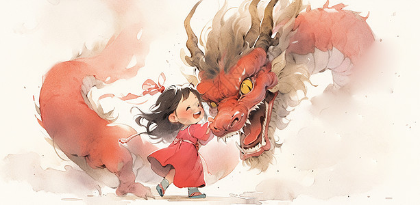 穿着红色裙子奔跑在红色龙身旁的可爱卡通小女孩图片