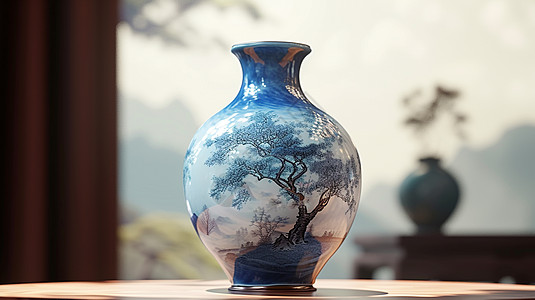 仿古文物古风花瓶上一棵古树背景图片